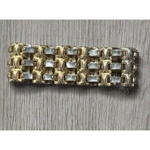 Vintage 1960's Mallorca Damascene Enamel & MOP 3 Row Link Bracelet 7" Long